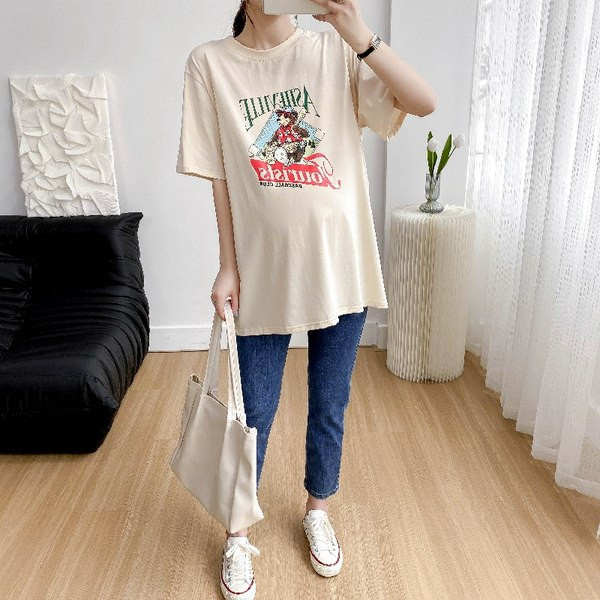 Лятна свободна тениска за бременни с щампа