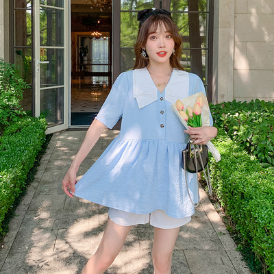 Нов модел дамска блуза с шпиц деколте -бял и син цвят