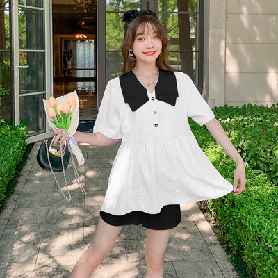 Нов модел дамска блуза с шпиц деколте -бял и син цвят