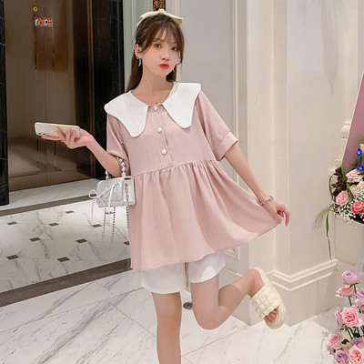 Laisvo rašto nėščiųjų palaidinė su 3/4 rankovėmis ir ovalia iškirpte