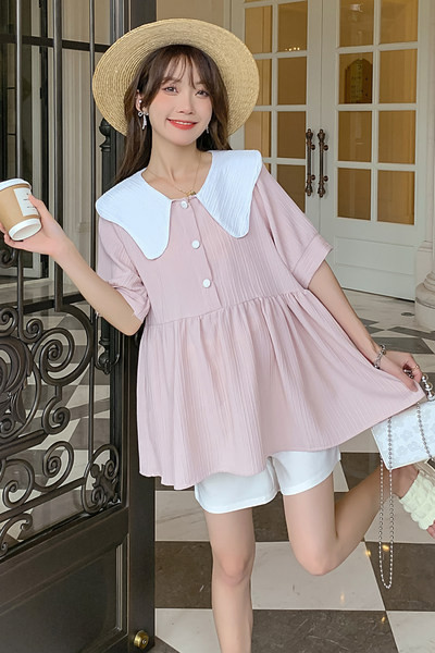 Свободен модел блуза за бременни с 3/4 ръкав и овално деколте 