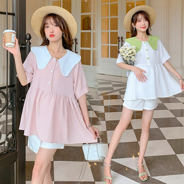 Свободен модел блуза за бременни с 3/4 ръкав и овално деколте 