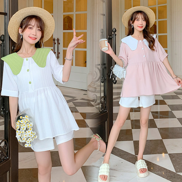 Свободен модел блуза за бременни с 3/4 ръкав и овално деколте 