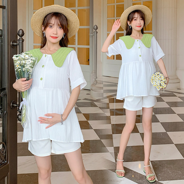 Свободен модел блуза за бременни с 3/4 ръкав и овално деколте 