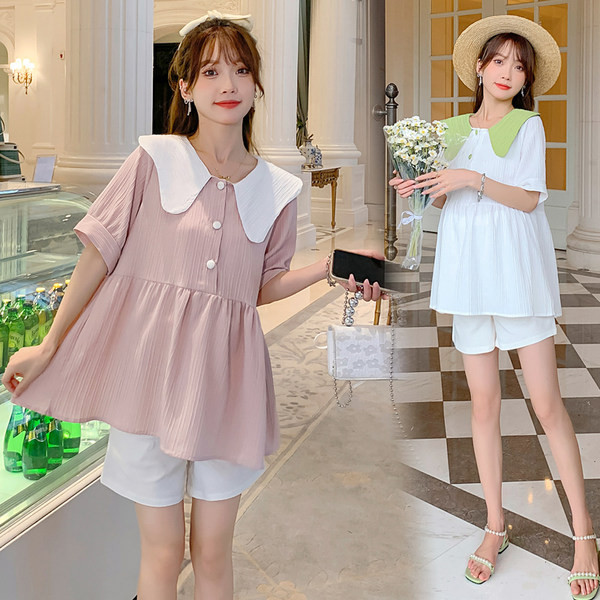 Свободен модел блуза за бременни с 3/4 ръкав и овално деколте 