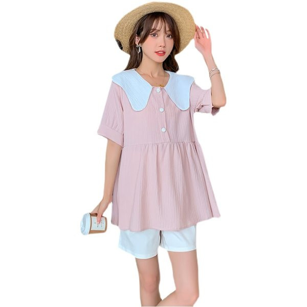 Свободен модел блуза за бременни с 3/4 ръкав и овално деколте 