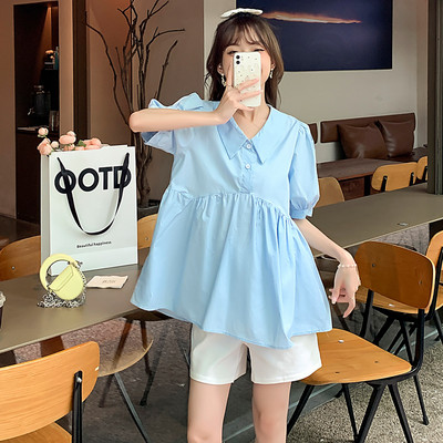 Свободна риза за бременни с шпиц деколте и къс ръкав