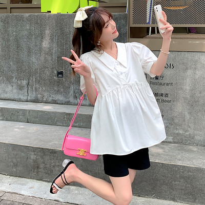 Свободна риза за бременни с шпиц деколте и къс ръкав