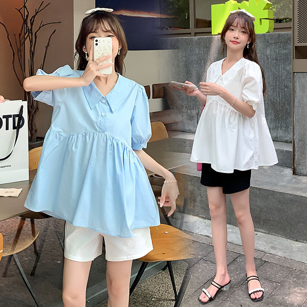 Свободна риза за бременни с шпиц деколте и къс ръкав