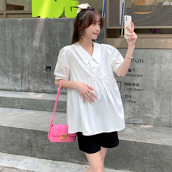 Свободна риза за бременни с шпиц деколте и къс ръкав