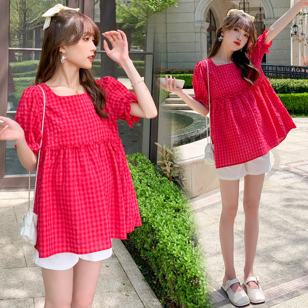 Карирана разкроена блуза за бременни