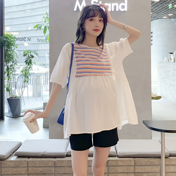 Раирана блуза с къс ръкав за бременни 