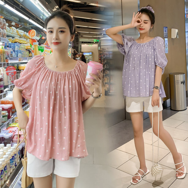 Свободна блуза с къс ръкав и овално деколте за бременни