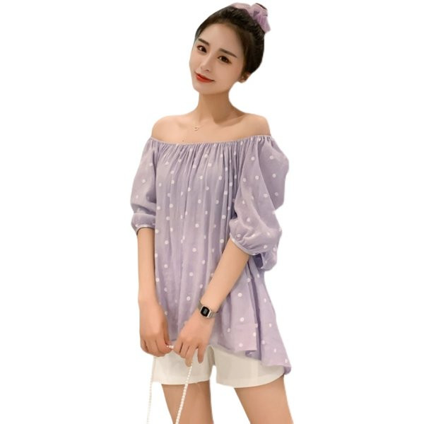 Свободна блуза с къс ръкав и овално деколте за бременни