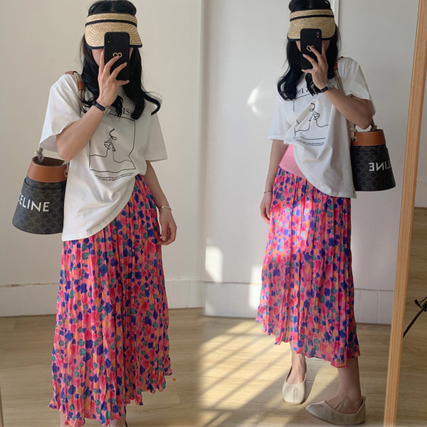 Дълга плисирана пола за бременни с флорален десен