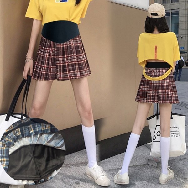 Къса карирана пола с висока талия за бременни