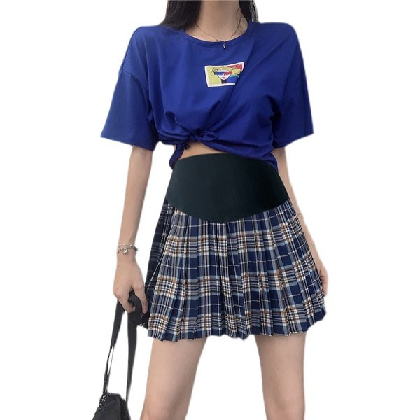 Къса карирана пола с висока талия за бременни