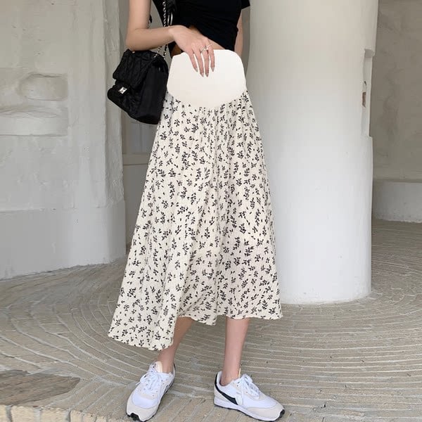 Модерна пола с висока талия и флорални мотиви за бременни