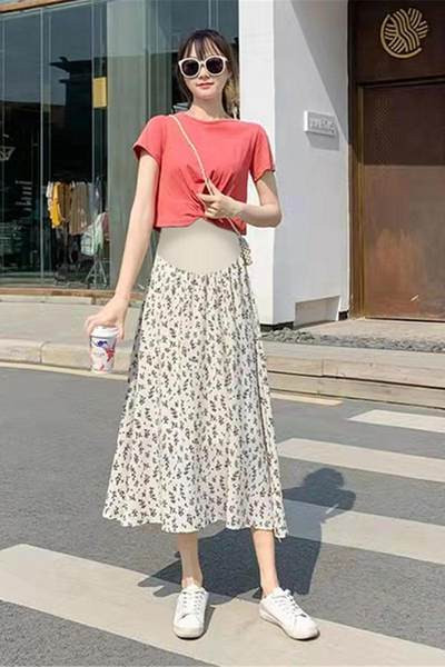 Лятна разкроена пола с флорален десен за бременни