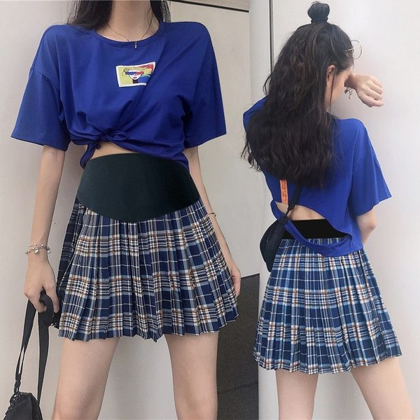 Къса карирана пола с широк ластик за бременни