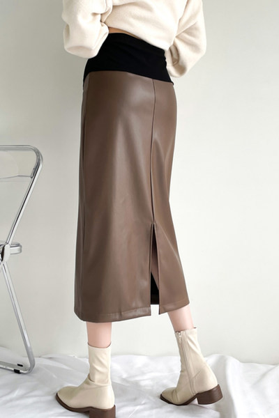 Ženska suknja ravnog kroja od eko kože za trudnice