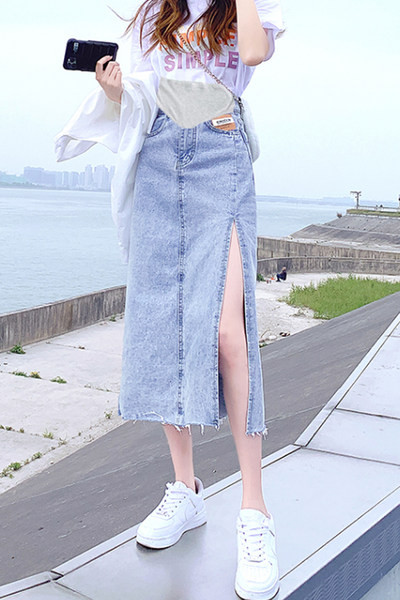 Дамска дънкова пола с цепка за бременни