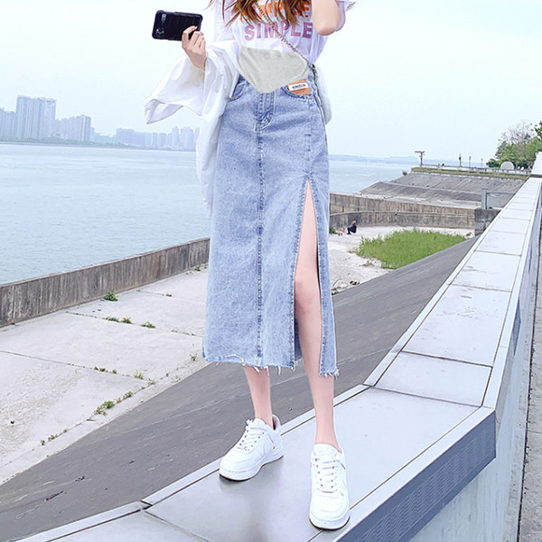 Дамска дънкова пола с цепка за бременни