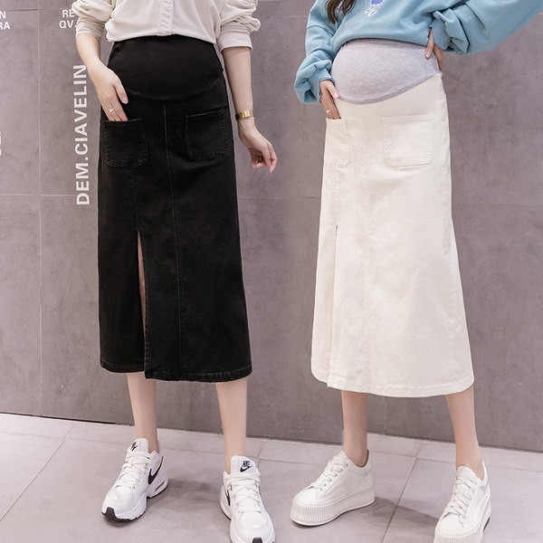 Дънкова пола с цепка и средна дължина за бременни