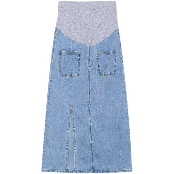 Дънкова пола с цепка и средна дължина за бременни