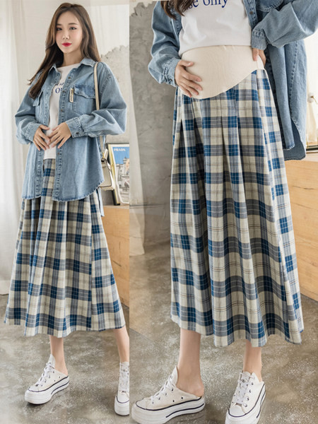 Лятна карирана плисирана пола с висока талия за бременни