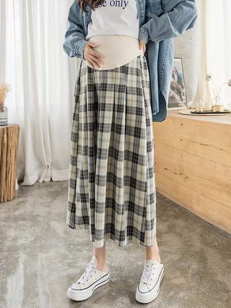 Лятна карирана плисирана пола с висока талия за бременни