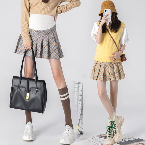 Карирана къса пола с широк ластик на талията за бременни