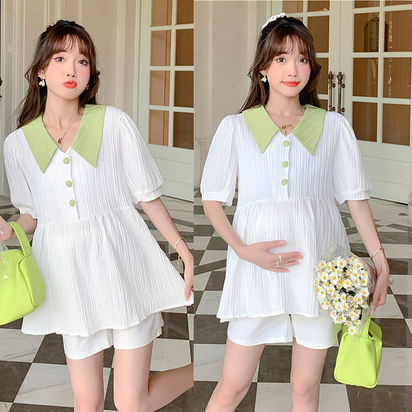 Ljetna trudnička košulja slobodnog uzorka sa šiljastim izrezom i gumbima