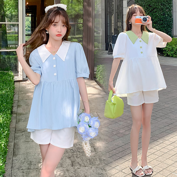 Ljetna trudnička košulja slobodnog uzorka sa šiljastim izrezom i gumbima