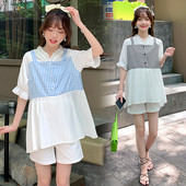 Καλοκαιρινό φαρδύ κοντό μανίκι καρό μπλουζάκι εγκυμοσύνης