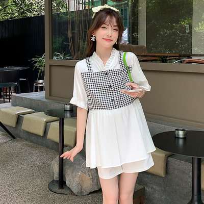 Καλοκαιρινό φαρδύ κοντό μανίκι καρό μπλουζάκι εγκυμοσύνης