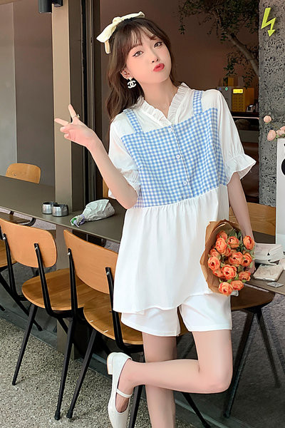 Καλοκαιρινό φαρδύ κοντό μανίκι καρό μπλουζάκι εγκυμοσύνης