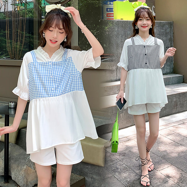 Καλοκαιρινό φαρδύ κοντό μανίκι καρό μπλουζάκι εγκυμοσύνης