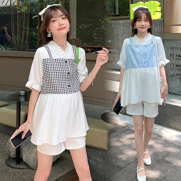 Καλοκαιρινό φαρδύ κοντό μανίκι καρό μπλουζάκι εγκυμοσύνης