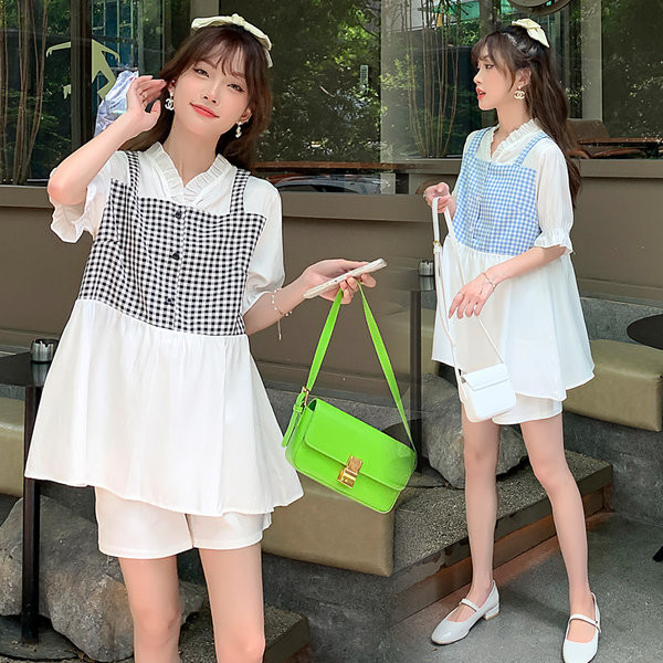 Καλοκαιρινό φαρδύ κοντό μανίκι καρό μπλουζάκι εγκυμοσύνης