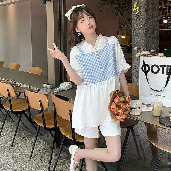 Καλοκαιρινό φαρδύ κοντό μανίκι καρό μπλουζάκι εγκυμοσύνης