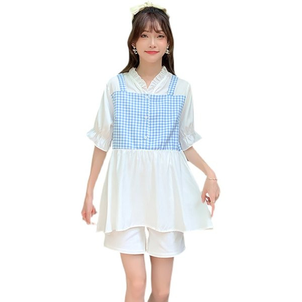 Καλοκαιρινό φαρδύ κοντό μανίκι καρό μπλουζάκι εγκυμοσύνης