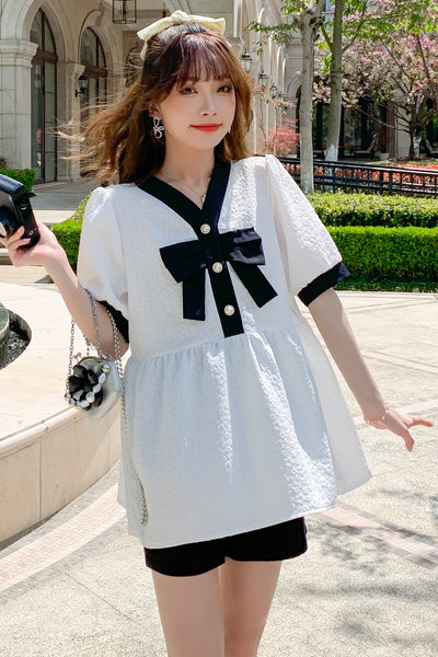 Лятна дамска риза с шпиц деколте и панделка за бременни