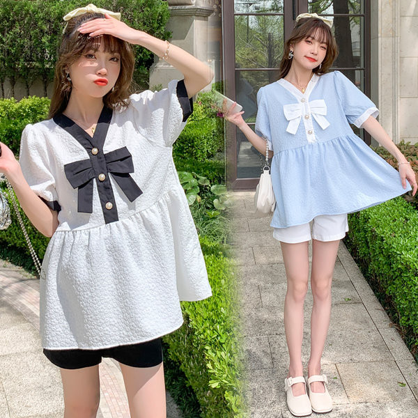 Лятна дамска риза с шпиц деколте и панделка за бременни