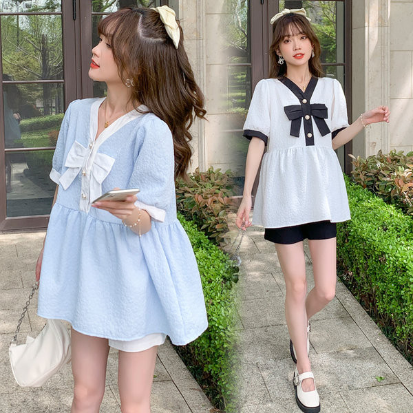 Лятна дамска риза с шпиц деколте и панделка за бременни