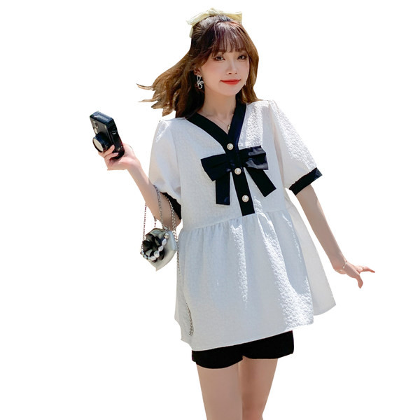 Лятна дамска риза с шпиц деколте и панделка за бременни