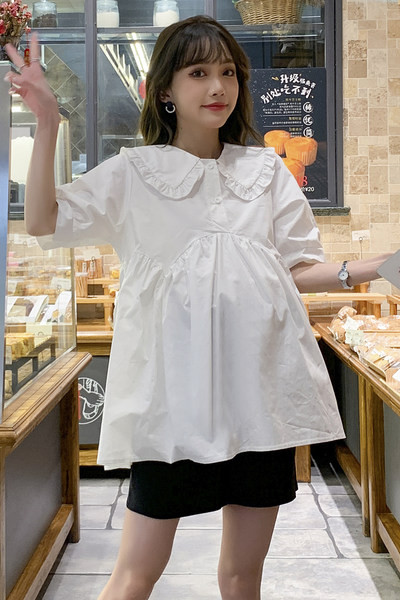 Широк модел риза за бременни с къс ръкав