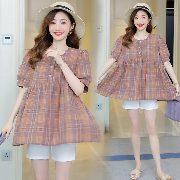 Καρό πουκάμισο εγκυμοσύνης σε φαρδύ σχέδιο μανίκι 3/4