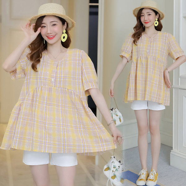 Καρό πουκάμισο εγκυμοσύνης σε φαρδύ σχέδιο μανίκι 3/4