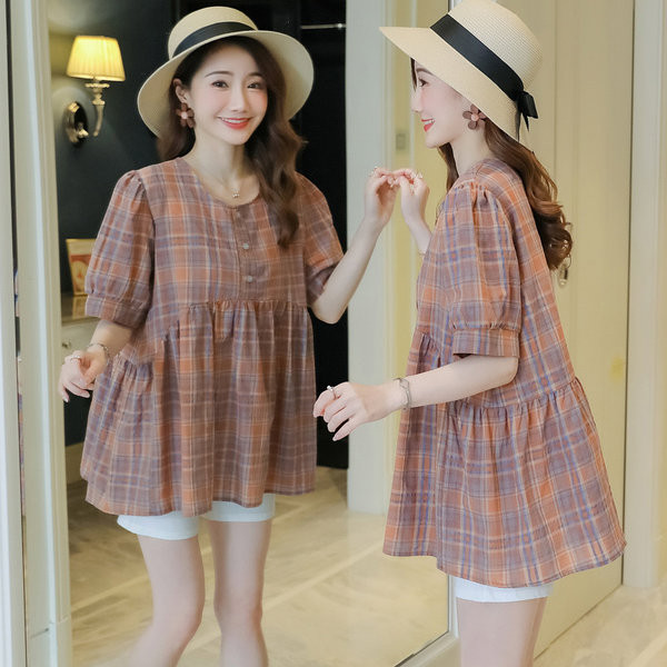 Καρό πουκάμισο εγκυμοσύνης σε φαρδύ σχέδιο μανίκι 3/4